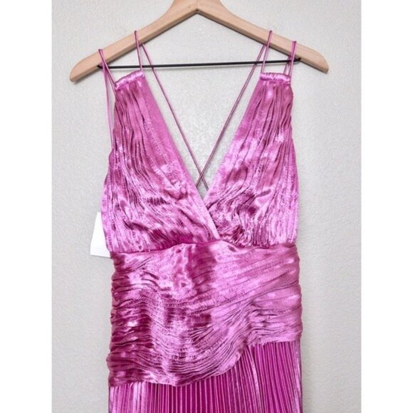 NWT AiiFOS Vera Pleated Metallic Gown 8 Pink Magenta Plisse Ruched Slit Formal - Picture 6 of 14